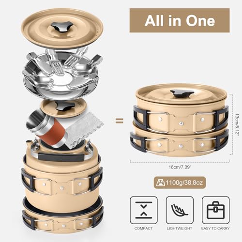 Odoland 15pcs Camping Cookware Mess Kit, Lightweight Pot Pan Kettle Set | Anodized aluminum, for hiking, outdoor cooking and picnic, 1.9L pot 0.8L kettle 0.86L pan mess kit, little compact pot set - style: Khaki