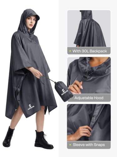 SaphiRose Hooded Rain Poncho Waterproof Raincoat Jacket for Men Women Adults - color: Grey