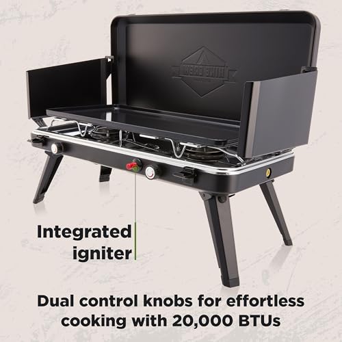 Hike Crew 2-in-1 Gas Camping Stove and Griddle | 20,000 BTU 2 Burner Propane Portable Stovetop w/Griddle Plate | Foldable Legs | Integrated Igniter w/Regulator | Wind Panels & Built-in Carry Handle - style: Stove + Griddle