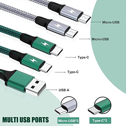 MJXIANG 2-Pack Multi Charger Cable 4 in 1, 4FT Braided Fast Charging 3A | with 2 Type C&2 Micro USB Ports, for iPhone 17 16 15 Series, Android Cell Phones Tablets, Four Devices/Travel/Game/Car/Home