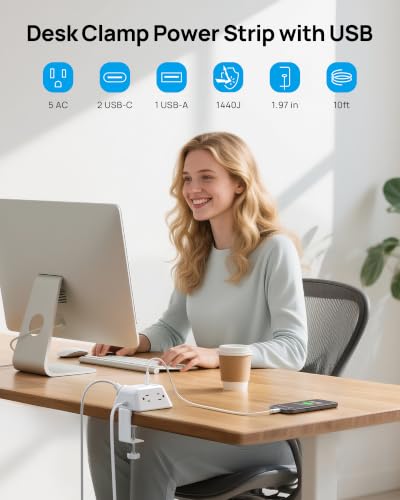 TROND Desk Clamp Power Strip, Desk Outlets with 2 USB C PD 20W Ports | Desktop Charging Station with 5 AC Outlets, Fit 1.97in Tabletop Edge Thick, Extension Cord 10ft for Home Office Dorm, White - color: White, size: 10FT (2C1U & PD 20W)