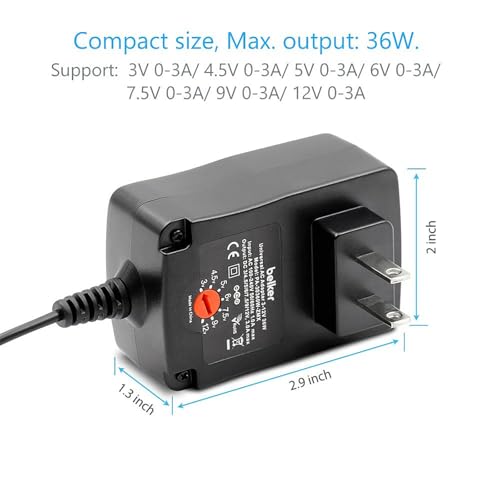 Belker 36W Universal 3V 4.5V 5V 6V 7.5V 9V 12V AC DC Adapter with 8 Tips | Power Supply for LCD LED Light Strip Router HUB Speaker Smart Phone TV Box - 1A 1.5A 2A 2.5A 3A 3000mA Max