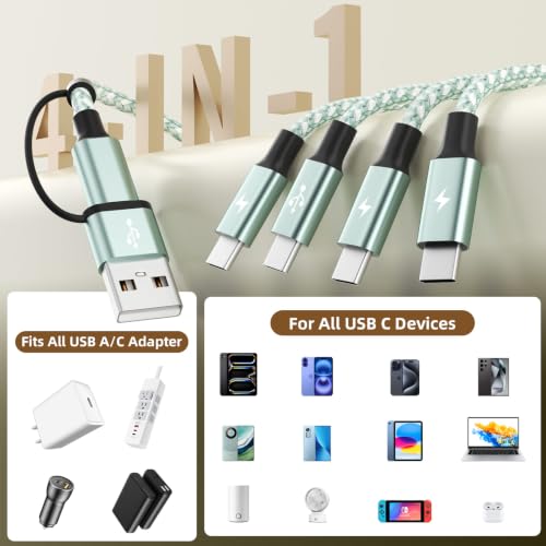Travel USB C 4 in 2 Charging Cords,Four Type C Ports Mulit Charging Cable - color: Pastel Mint Green
