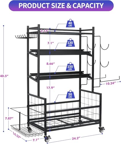 Home Gym Storage Rack for Dumbbells Kettlebells Yoga Equipment, Compact Design with Wheels, Adjustable Pegs, 350lbs Weight Capacity, 3-Layer Storage for Organize All Workout Gear - Black