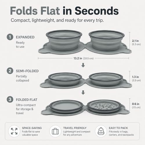 Collapsible Dog Bowls, 2-in-1 Silicone Pet Food and Water Bowl with Carabiner - Portable Double Compartment Travel Dish for Dogs, Ideal for Camping, Hiking, Car Rides, Puppy Essentials (Gray) - color: Gray