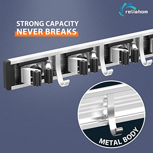 reliahom Broom Holder Wall Mount Mop Hanger Tools organizer 5Racks 4Hooks | Adjustable Mop Broom Wall Hanging Heavy duty Tools Storage Rack Space-saving for Garage,Kitchen,Laundry Room,Garden, Black - color: Black