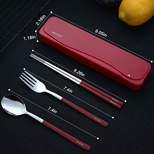 DEVICO Travel Utensils with Case, 4Pcs Portable Silverware Set for Work, 18/8 Stainless Steel Reusable Cutlery, Korean Spoon and Chopsticks Fork for Camping, School, Lunch Box Accessories (Red) - color: Red