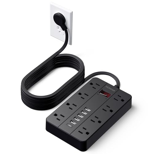 Power Strip, 15Ft Flat Plug Extension Cord with Multiple Outlets | 8 Widely Spaced Outlets 6 USB (1 USB C Port), Wall Mount Charging Station for Home and Office, Black - color: Black, size: 15FT