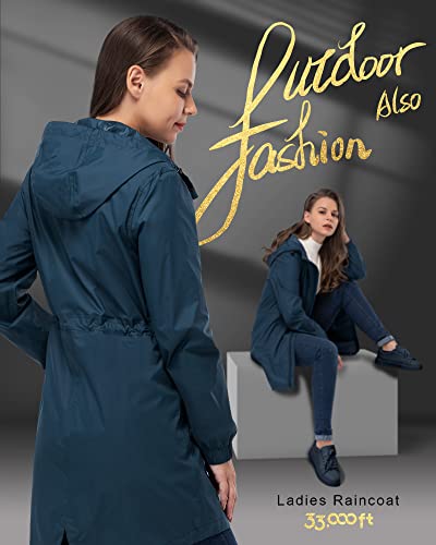 33,000ft Women's Waterproof Long Rain Coats Packable Rain Jacket with Hood Trench Coats Windbreaker - color: Dark Blue, size: Medium