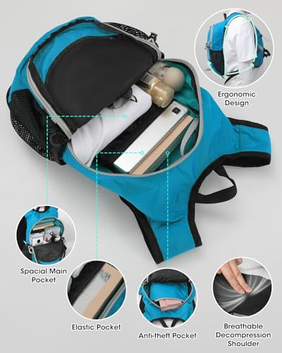 Foldable Small Hiking Backpack with 3 Strap Pockets – Lightweight 300D Spill-proof Daypack for Men Women – Packable Small Travel Backpack with Chest Strap & Trekking Pole Holder – Durable Outdoor Bag - color: Bluegreen-