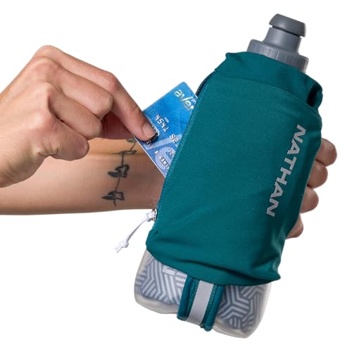 Nathan SpeedDraw 2 Insulated Handheld Running Water Bottle Flask – Double-Wall Insulation, Ergonomic Grip, Blast Valve Cap, Phone & Key Storage Pockets, Reflective Design - 18oz Insulated - Deep Teal - color: Deep Teal 18oz Insulated