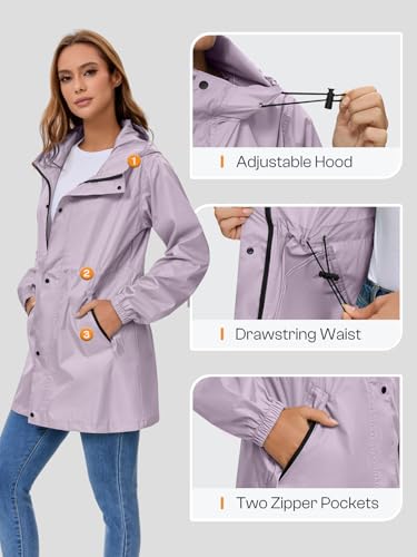 SaphiRose Women's Lightweight Long Rain Jacket Packable Raincoat Hooded Outdoor Trench Coats - color: Light Purple, size: Medium