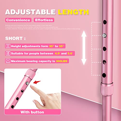 BigAlex Folding Walking Cane with LED Light,Pivoting Quad Base,Adjustable Walking Stick with Carrying Bag for Man/Woman (Alloy Base) - color: Pink(30"-35")