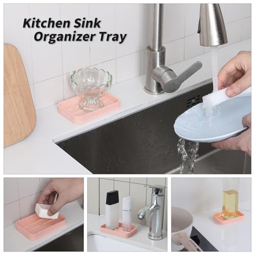 MicoYang Silicone Kitchen Sink Organizer Tray for Multiple Usage,Easy Clean Sponges Holder for Kitchen Bathroom Counter or Sink,Dish Soap Dispenser,Scrubber,Bottle,Cup Pink 4.9”x 3.2” - color: Pink, size: 4.9" x 3.2" x 0.7"