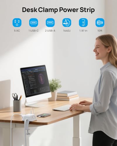 TROND Desk Clamp Power Strip, Desk Charging Station with 5 AC Outlets | Surge Protector with 3 USB Ports, Fit 1.97in Tabletop Edge Thick, 10FT Extension Cord for Home Office Desk Accessories, White - color: White, size: 10FT (2U1C)