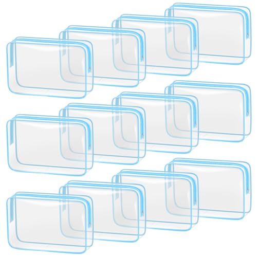 TISRATOK 12 PCS Clear Makeup Bags with Zipper, TSA Approved Toiletry Pouch - color: Blue, size: Large