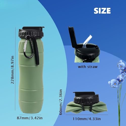 Collapsible Water Bottles 22oz with Straw 2Pack Travel (Green+Camo green) - color: Green+Camo green
