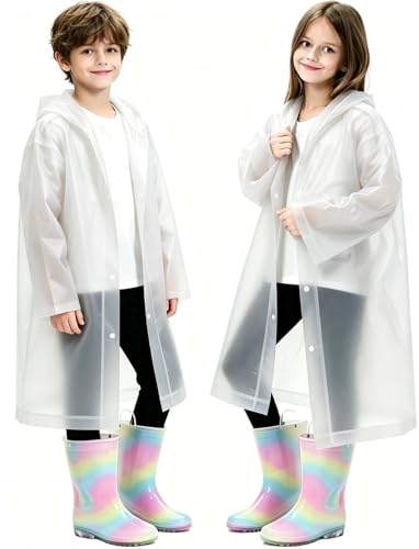 2 Pack Raincoats for Kids, Reusable Rain Ponchos with Hood and Sleeves Rain Coats for Boys and Girls - color: A-white