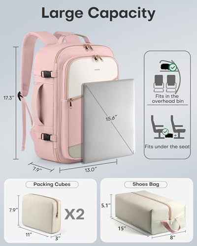 HOTOR Travel Backpack Women, 3 Packing Cubes Carry on Luggage - color: Pink, size: 17.3" x 13.0" x 7.9"