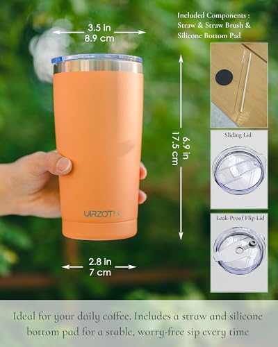 20oz Travel Coffee Tumbler, Insulated Travel Mug, Orange | Includes 2 Lids & Straw, Stainless Steel, Vacuum Insulated, Fits Car Cup Holders, Hot & Cold Drinks, Reusable Cup - color: Orange