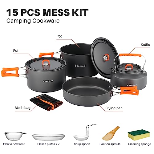 Odoland 15pcs Camping Cookware Non-Stick Lightweight Camping Pots and Pans Set with Kettle Plastic Plates Bowls Soup Spoon for Camping, Backpacking, Outdoor Cooking and Picnic