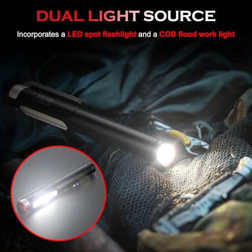 Favourlite Rechargeable Pen Light with Magnetic Clip | 800 Lumens LED Pen Flashlight，6 Modes COB Work Light , Dimmable Pocket Flashlight for Mechanic & Car Repair - size: 5.39in