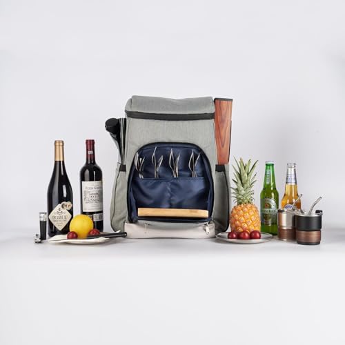 Picnic Backpack Bundle 15-in-1 Set Camping Gear with Fold Table & Waterproof Blanket & Stainless Steel Utensils for 4-Person Family Hiking Essentials - color: Gray