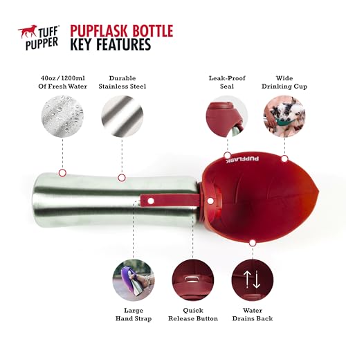 PupFlask Large Dog Water Bottle, Portable Stainless Steel Travel Bowl - color: Crimson Red, size: 40 Ounce