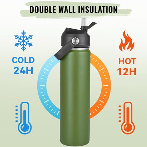 Fijinhom 24oz Insulated Stainless Steel Water Bottle, Wide Mouth Double Wall Vacuum, Silicone Straw, Sweat & Leak Proof, BPA Free Insulated Water Flask for Travel, Keep Cold 24h Hot 12h, Green - color: Green, size: 24 Ounces