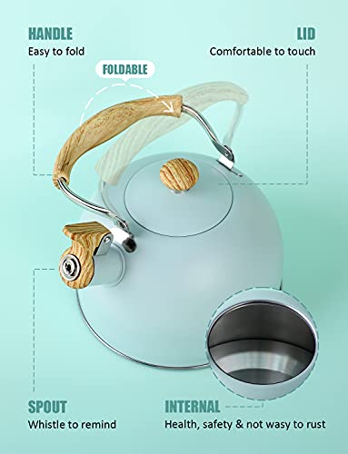 Tea Kettle, BELANKO 85 OZ / 2.5 Liter Whistling Tea Kettle, Tea Pots for Stove Top Food Grade Stainless Steel with Wood Pattern Folding Handle, Loud Whistle Kettle for Tea, Coffee, Milk - Turquoise - color: Turquoise