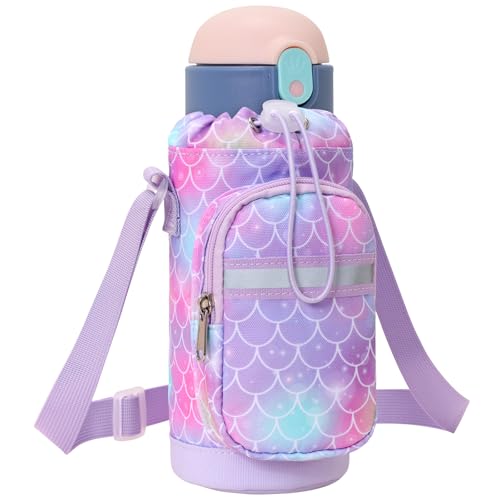 Water Bottle Holder for Kids - Water Bottle Carrier with Strap - color: 1-Purple Mermaid Scale