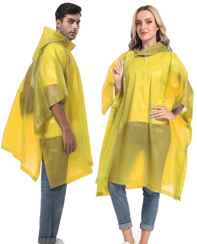 Reusable Rain Ponchos with Drawstring Hood for Adults, Waterproof Thicken Rain Coat, 2 Packs - color: Yellow (2-pack)