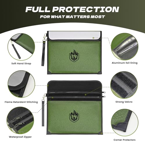 Andyer 2 Pockets Fireproof Document Bag, 6500°F Fireproof Money Bag for Cash | 10-Layer Waterproof Document Pouch with Reflective Strip, Heat Insulated Fireproof Envelope Fire Safe Bag for Home Emergency - color: Green