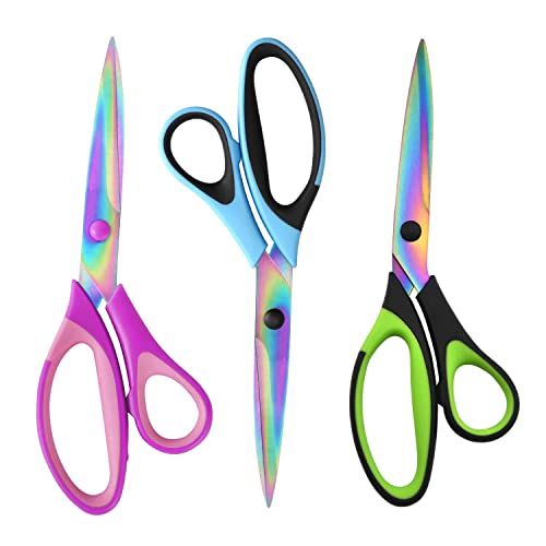 8.5" All-Purpose Scissors, 3-Pack Bulk Ultra Sharp Blade Shears, Comfort-Grip Sturdy Scissors for School, Office, Home, Sewing, Fabric, Craft Supplies, Right/Left Handed - color: Blue, Purple, Green
