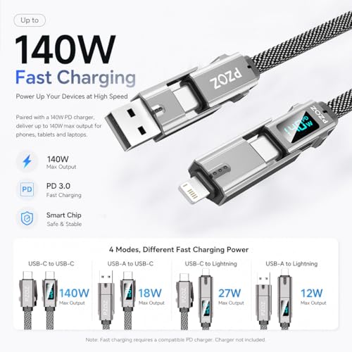 pzoz 4-in-1 Multi Charging Cable with LED Display, One Cable for USB-C & Lightning Devices, 140W Fast Charging Cord, USB A/C to USB C/Lightning for iPhone 17/16/15, iPad, MacBook, Samsung (5 ft) - style: 140W