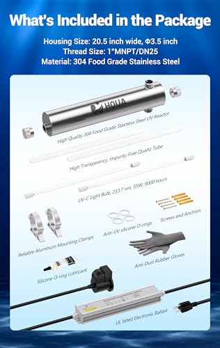 HQUA-TWS-121 120V 55W 12GPM 1“ MNPT Inlet/Outlet, Whole House Ultraviolet Water Purifier Filter, + 1 Extra UV Bulb, + 1 Extra Quartz Sleeve - size: 1" MNPT