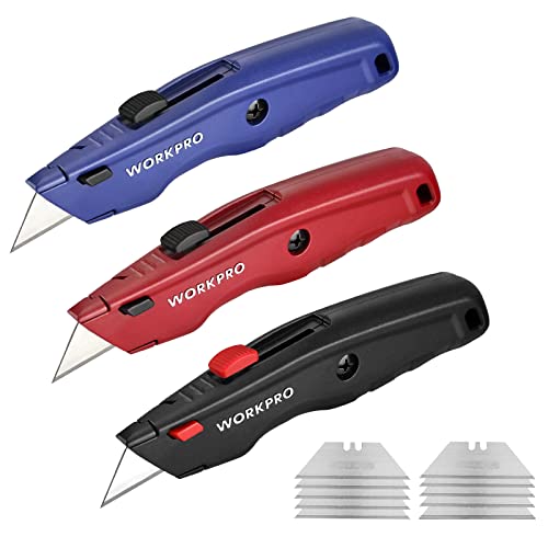 WORKPRO Premium Utility Knife, Retractable All Metal Heavy Duty Box Cutter, Quick Change Blade Razor Knife, with 10 Extra Blades, Set of 3 (Black, Red, Blue) - color: Multicolored