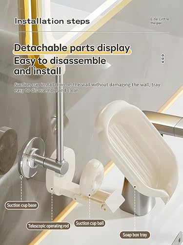 Rotatable Suction Soap Holder - Drill-Free Wall Mounted Soap Dish, Anti-Slip Waterproof Soap Rack with Drainage Tray for Bathroom Shower Laundry Room