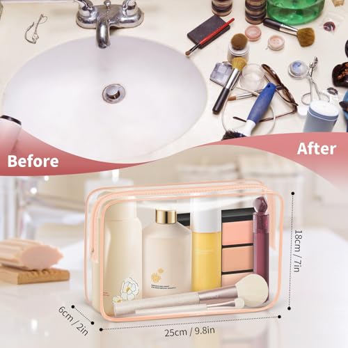 TISRATOK 12 PCS Clear Makeup Bags with Zipper, TSA Approved Toiletry Pouch - color: Orange Pink, size: Large