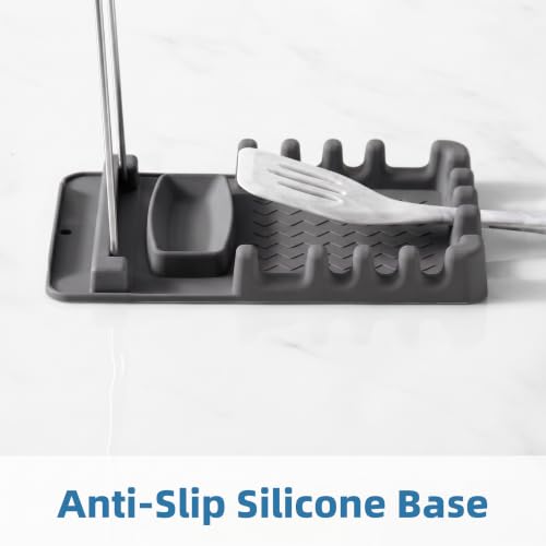 Silicone Utensil Rest with Foldable Stainless Steel Lid Holder – Multi-Slot Spoon & Spatula Holder, Heat Resistant, Non-Slip Rubber Feet, Dishwasher Safe, Space-Saving Kitchen Tool-grey - color: Gray