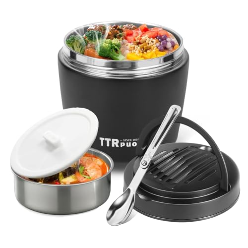 40oz Insulated Food Jar for Adults, Stainless Steel Hot Meal Container with Folding Spoon, Leakproof Wide Mouth Lunch Container for Work(Ink Black) - color: Ink Black
