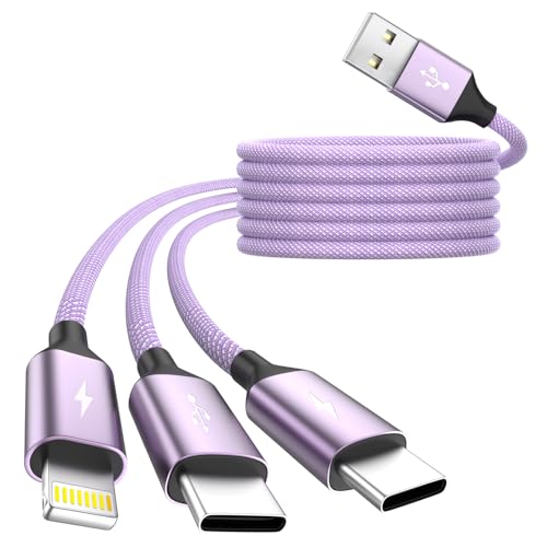 3 in 1 USB Cable with 2 USB-C/IP, Multi Charging Cable for Multiple Devices | USB C Splitter Cable, Multiple Phone Charger Cord for iPhone17-8, Androids iPad and More, Travel Car Accessories(1 Pack 4FT) - color: Purple, size: 1Pack 4 ft