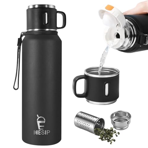 Stainless Steel Insulated Bottle, 33oz with cup Vacuum Insulated Water Bottle, Thermo for Hot Drinks/Cold Drinks,24-Hr Insulation Commute, Travel - color: Black, size: 33 Ounces