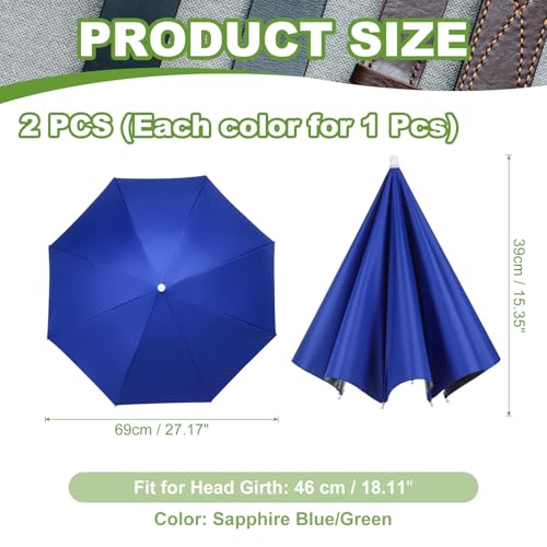 Umbrella Hat, Fishing Hat Hands Free Waterproof Adjustable Sun | Rain Cap Elastic Band Fit Camping - color: Green/Sapphire Blue
