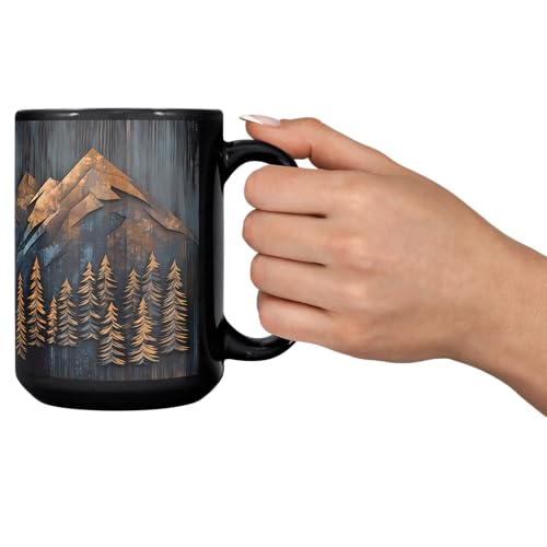 Mountains and Forest Trees Coffee Mug – One Mug, Full Wrap Design (Not Textured) – Outdoorsy Gift for Nature Lovers, Hikers, Campers & Rustic Cabin Decor – 15oz Black Ceramic Cup - size: 15 Ounces