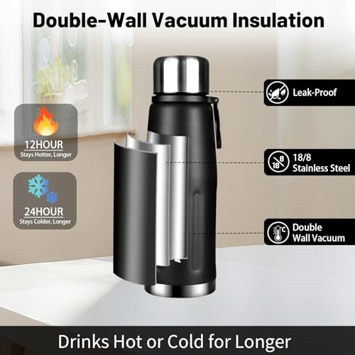 20oz Vacuum Insulated Stainless Steel Thermoses with Foldable Handle & Leakproof Lid, Slim Travel Coffee Cup for Hot/Cold Drinks, Fits Car Cup Holders - color: Black-01-20oz