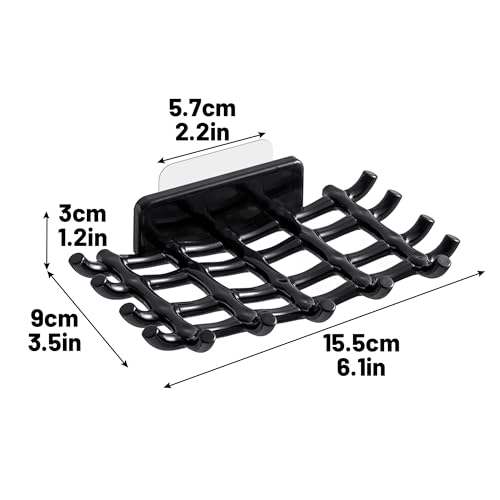 Shower Soap Holder for Wall, Adhesive Bar Soap Dish with Self Draining Grid, Side Hooks and No Drilling Mount, Black, 2 Pack - color: Black