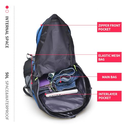 Bseash 50L Hiking Backpack, Water Resistant Lightweight Outdoor Sport Daypack Travel Bag for Camping Climbing Skiing Cycling (Light Blue - No Shoe Compartment) - color: Light Blue - No Shoe Compartment