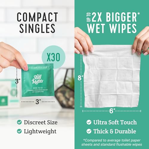 Stall Mates Flushable Wipes, Individually Wrapped, Unscented, 30 Count | With Cucumber, Vitamin-E & Aloe, Individually Wrapped, Travel Friendly, for both Men and Women, bathroom wipes - size: 30 Count (Pack of 1)