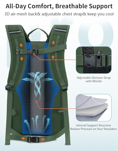 ECOHUB Small Hiking Backpack for Men Women, 20L Lightweight Travel Backpacks Water Resistant Camping Cycling Hiking Daypack - color: Green